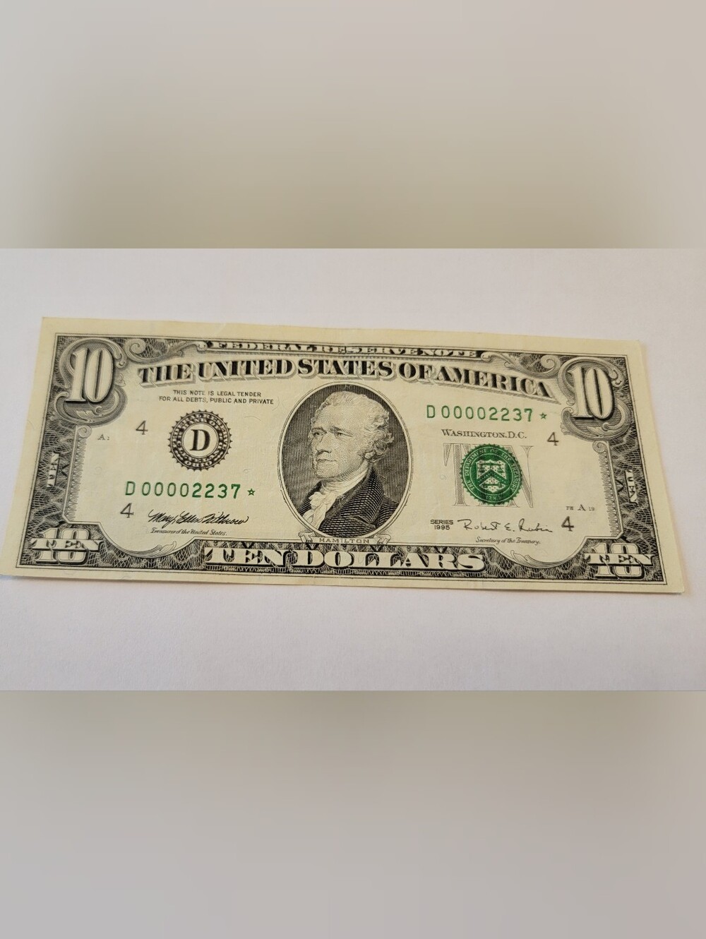 1995 $10 Star Note- Low Serial #- Like new, no visible wear